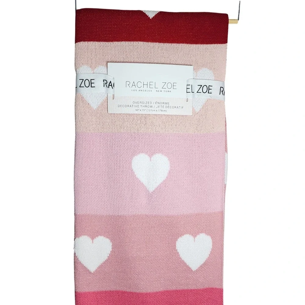 Zoe Rachel Cotton Blend Knit Throw Blanket Heart Color Block Pink Red 50x70